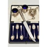 AN ASSORTMENT OF SILVER, to include a cased set of six silver teaspoons and a pair of silver sugar