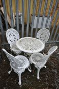 A WHITE PAINTED ALUMINIUM FIVE PIECE BISTRO SET, comprising a circular table, diameter 69cm x height