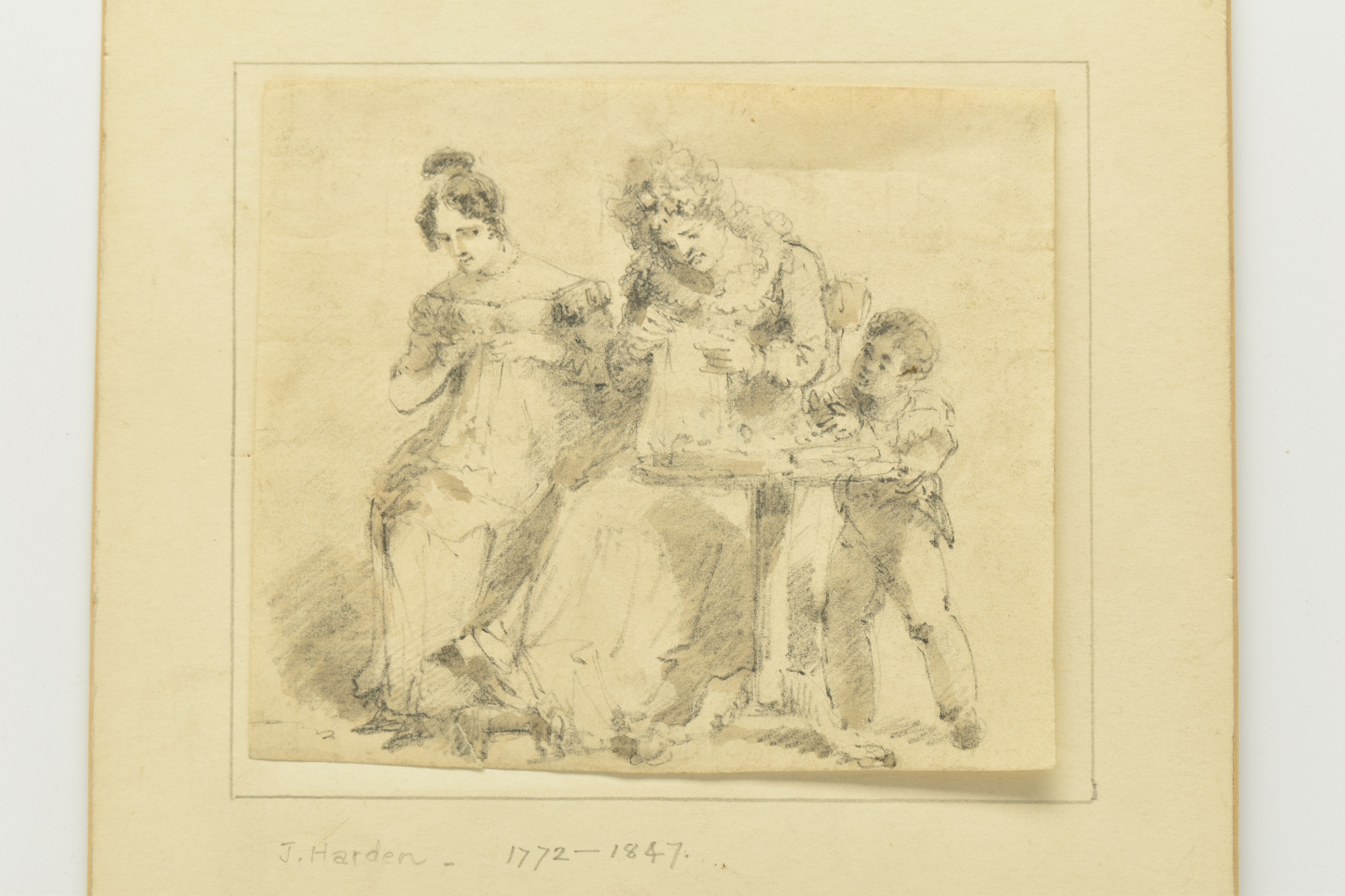 CIRCLE OF JOHN HARDEN (1772-1847) A SKETCH OF A FAMILY GROUP, a small boy stands beside two female - Image 2 of 6