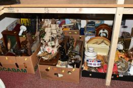 SIX BOXES OF MISCELLANEOUS SUNDRIES, to include a musical jewellery box, four model ships, oak and