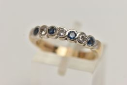 A 9CT GOLD SAPPHIRE AND DIAMOND HALF ETERNITY RING, designed with four circular cut blue