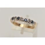 A 9CT GOLD SAPPHIRE AND DIAMOND HALF ETERNITY RING, designed with four circular cut blue