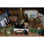 FOUR BOXES OF MISCELLANEOUS SUNDRIES, to include a 1960's Singer sewing machine 700/720 with