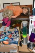 TWO BOXES OF MISCELLANEOUS SUNDRIES, to include two Palitoy 'Michelle' walking and talking dolls,