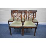 A SET OF FIVE BRADLEY MAHOGANY DINING CHAIRS, shaped backrests, and green drop in seat pads (