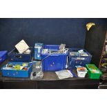 THREE PLASTIC TRAYS CONTAINING PLUMBING AND ELECTRICAL EQUIPMENT including Arctic Spray, fittings,