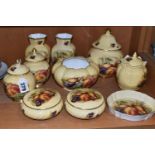 TEN PIECES OF AYNSLEY ORCHARD GOLD GIFT WARES, comprising a near pair of covered vases, height 12cm,
