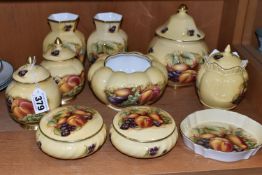 TEN PIECES OF AYNSLEY ORCHARD GOLD GIFT WARES, comprising a near pair of covered vases, height 12cm,