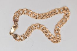 A 9CT GOLD CURB LINK BRACELET, flat curb links with textured detail, fitted with a lobster clasp,