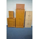 A SELECTION OF MATCHING PINE EFFECT MODERN BEDROOM FURNITURE, to include a 2 door wardrobe, width