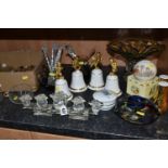 A GROUP OF GLASSWARE, to include an individual glass ice bucket and tongs with two nibbles dishes