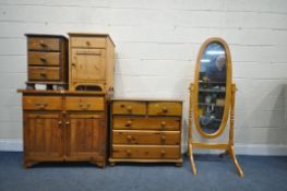 A SELECTION OF MODERN PINE FURNITURE, to include a chest of two short over three long drawers, width