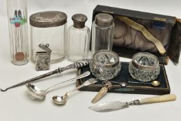 A BOX OF ASSORTED ITEMS, to include a boxed salt set, containing two glass salts with silver rims
