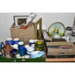 FOUR BOXES OF VINTAGE ADVERTISING, CERAMICS, GLASS, EPHEMERA AND SUNDRY ITEMS, to include a boxed