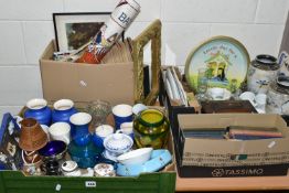 FOUR BOXES OF VINTAGE ADVERTISING, CERAMICS, GLASS, EPHEMERA AND SUNDRY ITEMS, to include a boxed