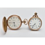 TWO GOLD PLATED POCKET WATCHES, the first a manual wind full hunter Elgin pocket watch, round