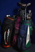 THREE GOLF BAGS, Dunlop, Regal and Hippo containing various golf clubs to include Hippo, Aldila,