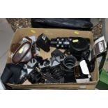 A BOX OF VINTAGE PHOTOGRAPHIC EQUIPMENT, to include a Fujica ST605N SLR film camera with 55mm f2.2