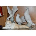 TWO LLADRO DOVES, A NAO DOVE AND A NAO CAT, comprising Lladro Turtle Dove, model no 4550, perched on