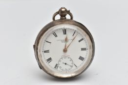 AN EARLY 20TH CENTURY SILVER OPEN FACE POCKET WATCH, key wound, round white dial signed 'Fattorini &