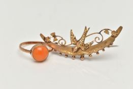 A YELLOW METAL SWEETHEART BROOCH AND A RING, the brooch of a crescent form, with swallow, floral and