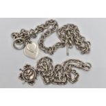 A SILVER ALBERT CHAIN WITH FOB AND A WHITE METAL CHAIN NECKLACE, the curb link Albert chain, each