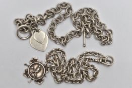 A SILVER ALBERT CHAIN WITH FOB AND A WHITE METAL CHAIN NECKLACE, the curb link Albert chain, each