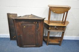 A GEORGIAN MAHOGANY HANGING CORNER CUPBOARD, width 80cm x depth 48cm x height 93cm, an oak side