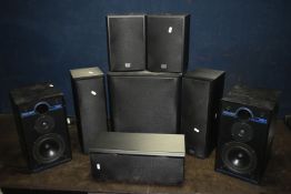 AN ONKYO THX SKW-938 SUBWOOFER together with a set of five matching surround speakers together and a