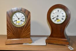 TWO MANTEL CLOCKS, comprising a satinwood inlay balloon shaped mahogany veneer clock, French make
