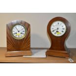 TWO MANTEL CLOCKS, comprising a satinwood inlay balloon shaped mahogany veneer clock, French make