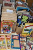 FOUR BOXES OF COMICS MAGAZINES & BOOKS to include Roy of the Rovers, The Rover, Lion, Cheek,