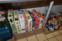 THREE BOXES OF TOYS AND GAMES, to include eleven jigsaw puzzles, games including Master Mind,