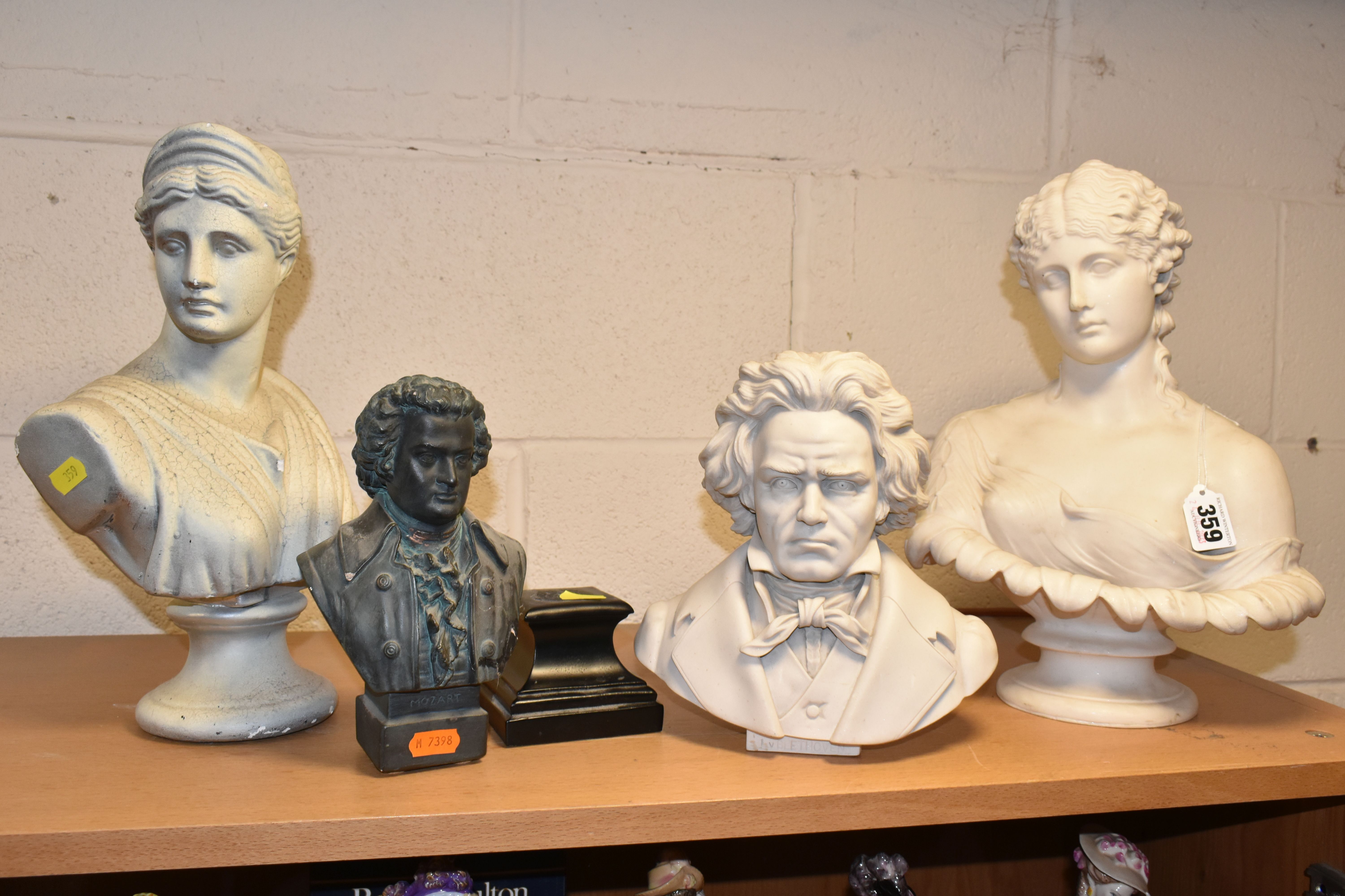 FOUR BUSTS, comprising a composite marble bust of 'Clytie' height 32cm, Beethoven with a black