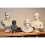 FOUR BUSTS, comprising a composite marble bust of 'Clytie' height 32cm, Beethoven with a black