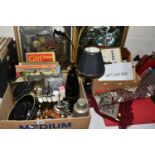 THREE BOXES OF MISCELLANEOUS SUNDRIES, to include a BOC soda syphon, two table lamps, two Dufex foil