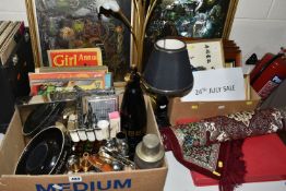 THREE BOXES OF MISCELLANEOUS SUNDRIES, to include a BOC soda syphon, two table lamps, two Dufex foil