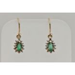 A PAIR OF EMERALD DROP EARRINGS, each earring set with a pear cut emerald, within a surround of