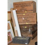 THREE WOODEN WINE CRATES AND FRAMED VINTAGE BEER MATS, comprising a set of framed Pedigree beer