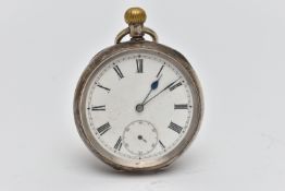 AN OPEN FACE POCKET WATCH, manual wind, round white dial, Roman numerals, subsidiary seconds dial at