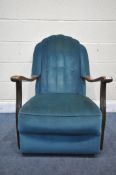 AN ART DECO BLUE/GREEN UPHOLSTERED ARMCHAIR, with studded decoration, width 67cm x depth 82cm x