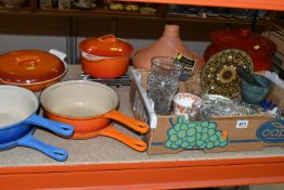 ONE BOX OF GLASSWARE AND ASSORTED LE CREUSET OVENWARE, comprising two Le Creuset signature 2 in 1