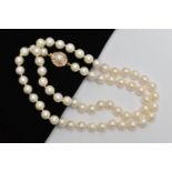 A CULTURED PEARL NECKLACE, each pearl individually knotted on a white string, each pearl measures