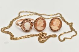 A 9CT GOLD CAMEO RING, A 9CT GOLD CHAIN NECKLACE AND CAMEO EARRINGS, a shell cameo ring, set in a