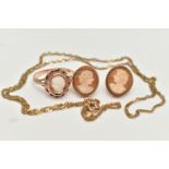 A 9CT GOLD CAMEO RING, A 9CT GOLD CHAIN NECKLACE AND CAMEO EARRINGS, a shell cameo ring, set in a