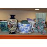 A GROUP OF CERAMIC PLANTERS AND VASES, comprising a large Oriental Satsuma style vase (chipped and