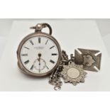 A SILVER OPEN FACE POCKET WATCH AND ALBERT CHAIN, key wound, missing glass front, white dial