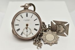 A SILVER OPEN FACE POCKET WATCH AND ALBERT CHAIN, key wound, missing glass front, white dial