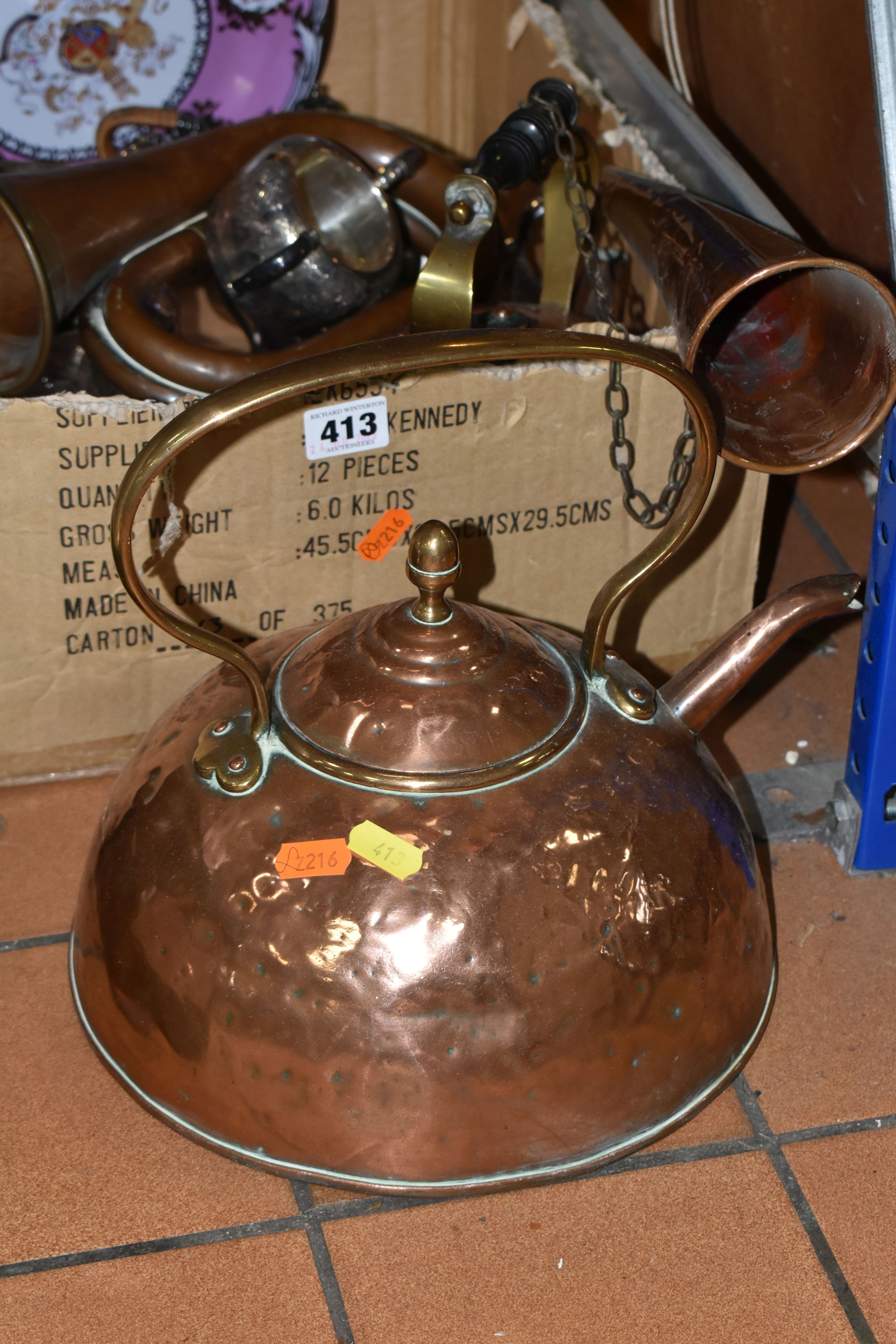 ONE BOX OF METALWARE, comprising a large copper kettle, a copper bed warmer, a framed watercolour of - Image 2 of 6