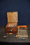 A WOODEN BOX CONTAINING A STANLEY No144 BRACE, a Stanley hand drill, a series of bits, rivet